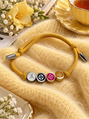 Charm Bracelet Adjustable Stainless Steel Enamel Beads Yellow Cord